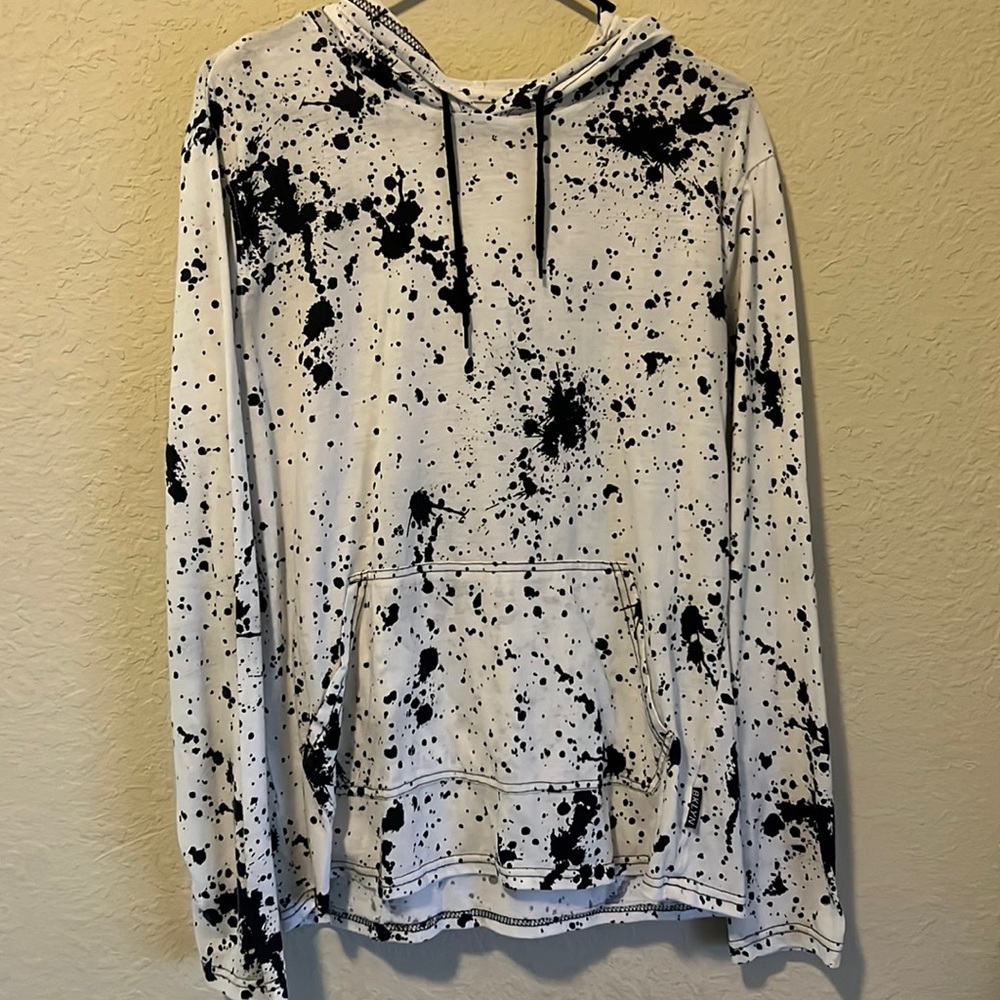Long sleeve paint splattered shirt with hoodie pockets!